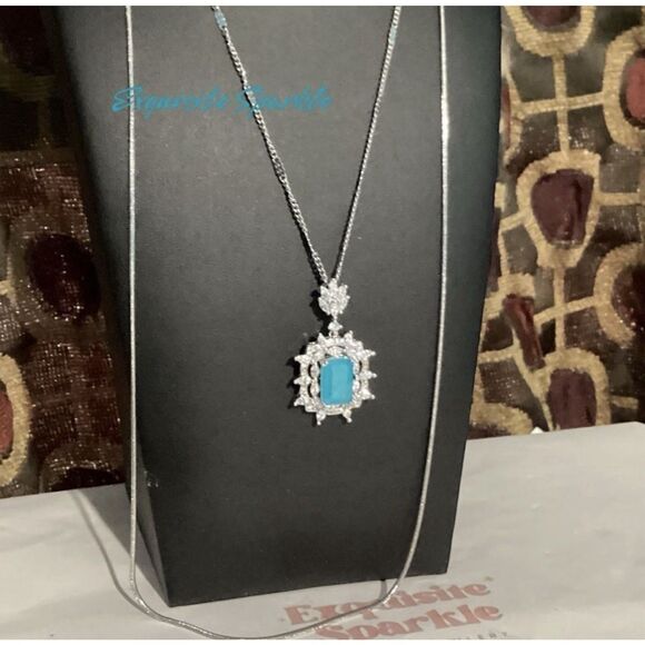 Lab Created  Paraiba Tourmaline &Zircon vintage inspired silver Pendant necklace - Picture 11 of 16